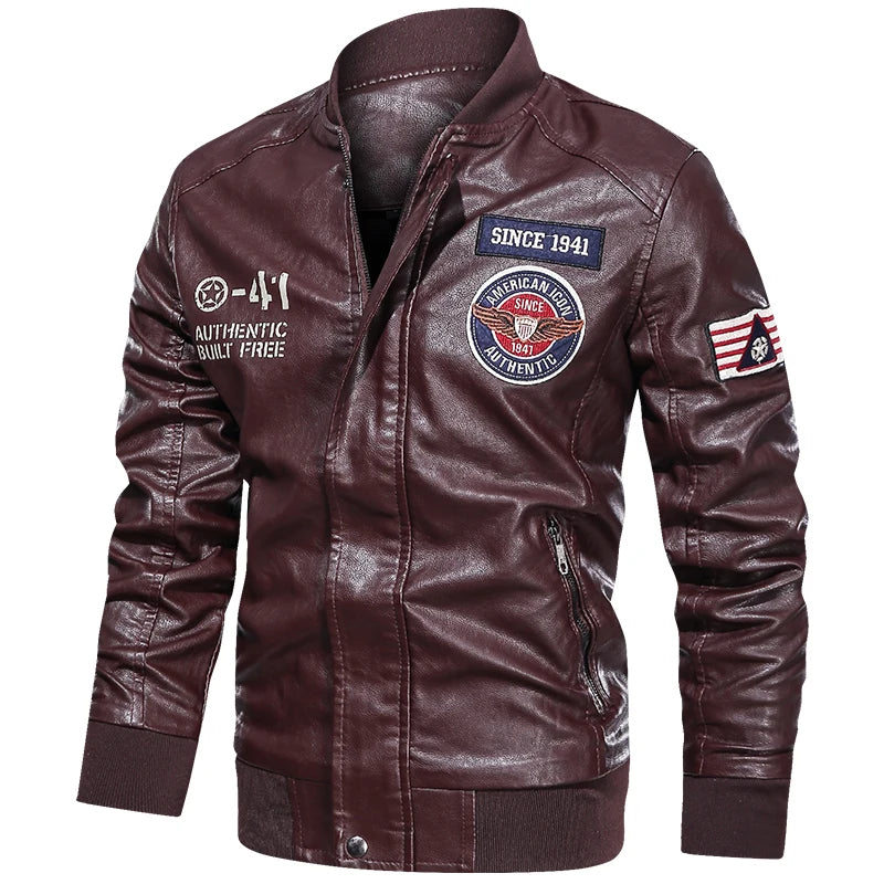 Men’s Casual Moto Biker Jacket with Wool Lining and Embroidery