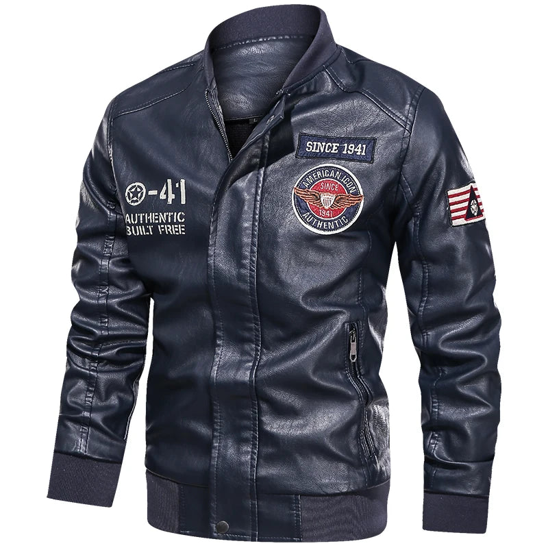 Men’s Casual Moto Biker Jacket with Wool Lining and Embroidery