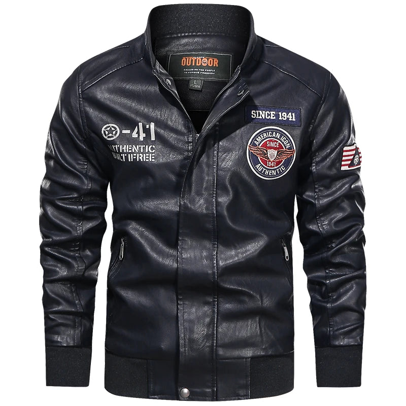 Men’s Casual Moto Biker Jacket with Wool Lining and Embroidery