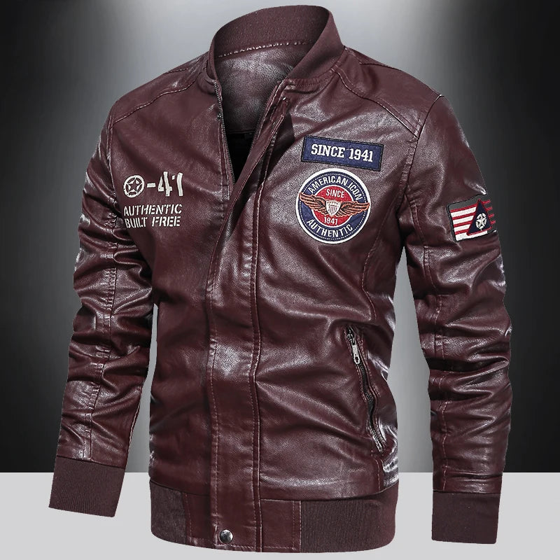 Men’s Casual Moto Biker Jacket with Wool Lining and Embroidery