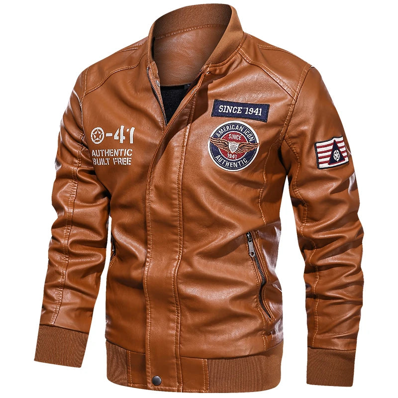 Men’s Casual Moto Biker Jacket with Wool Lining and Embroidery