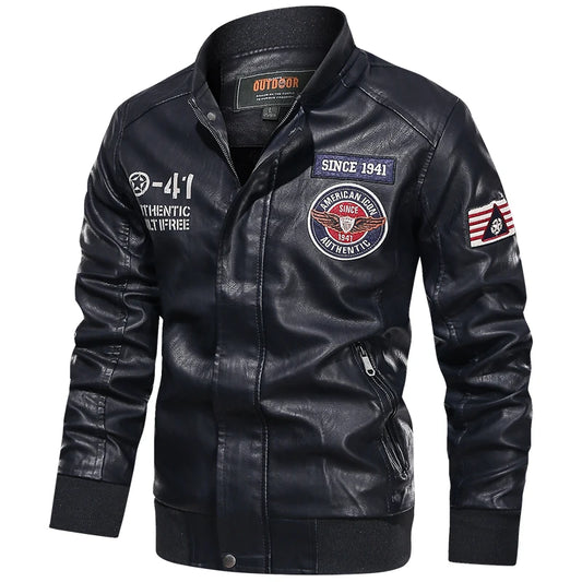 Men’s Casual Moto Biker Jacket with Wool Lining and Embroidery