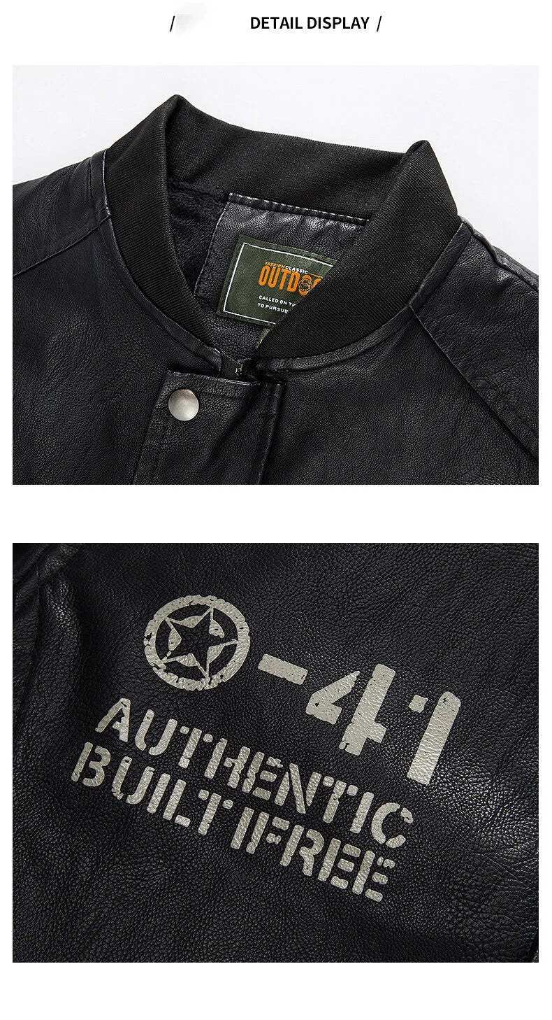 Men’s Casual Moto Biker Jacket with Wool Lining and Embroidery